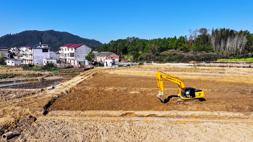 吉水县双镇曲岭村，施工人员正驾驶机械建设高标准农田。廖敏摄