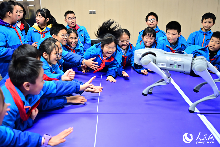 抚州市宜黄县凤冈镇第一小学科普趣味课上，小学生们在观看仿生机器狗表演。人民网 朱海鹏摄