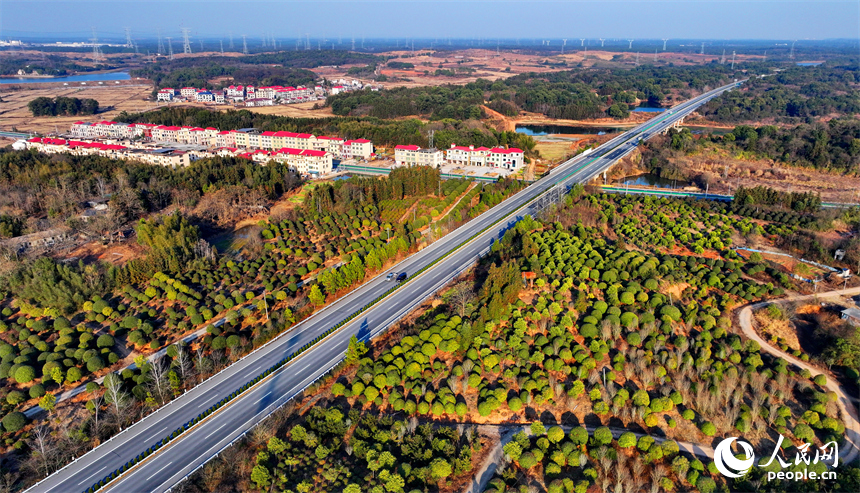 宜春市上高县锦江镇大塘村，昌栗高速公路和通村公路上车辆穿村而过，乡村风景美不胜收。人民网 朱海鹏摄