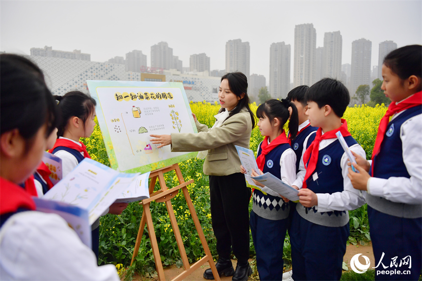 老师在花海中教学生们了解油菜花的生长过程及经济价值。人民网记者 时雨摄