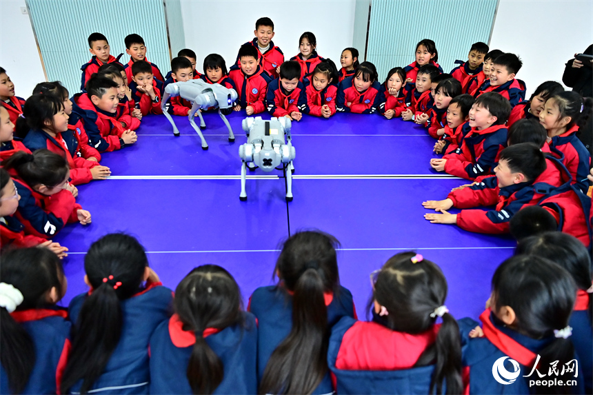 抚州市临川区第五实验学校人工智能科技小课堂上，学生在观看仿生四足机器人表演。人民网 朱海鹏摄