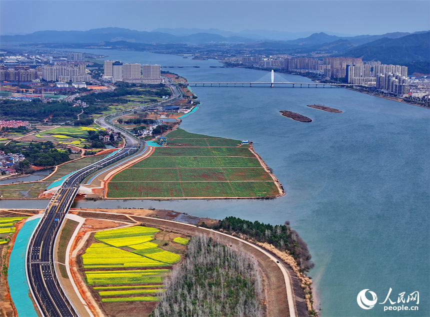 吉安市吉水县文峰镇，赣江沿线绿道蜿蜒，树木林立，呈现出一幅水清岸绿景美景色美的画卷。人民网朱海鹏摄