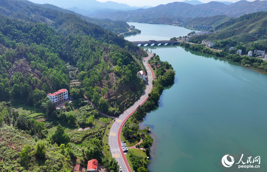 赣州市上犹县东山镇，车辆在环湖公路行驶，沿线水清岸绿景美春意浓。人民网 朱海鹏摄