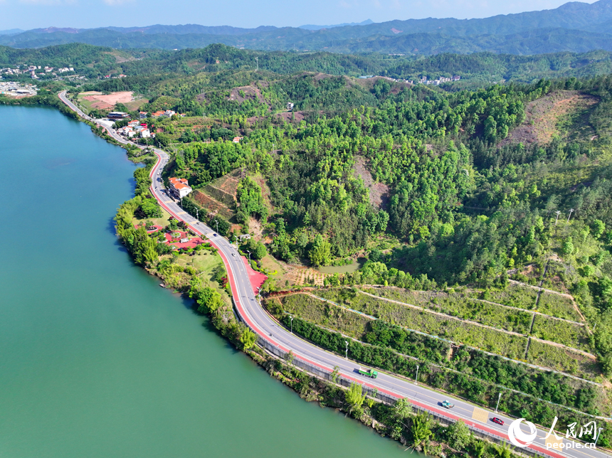 赣州市上犹县东山镇，车辆在环湖公路行驶，沿线水清岸绿景美春意浓。人民网 朱海鹏摄