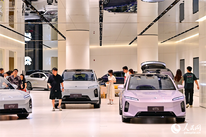 顧客在了解選購車型，咨詢汽車“以舊換新”補貼政策。人民網 朱海鵬攝