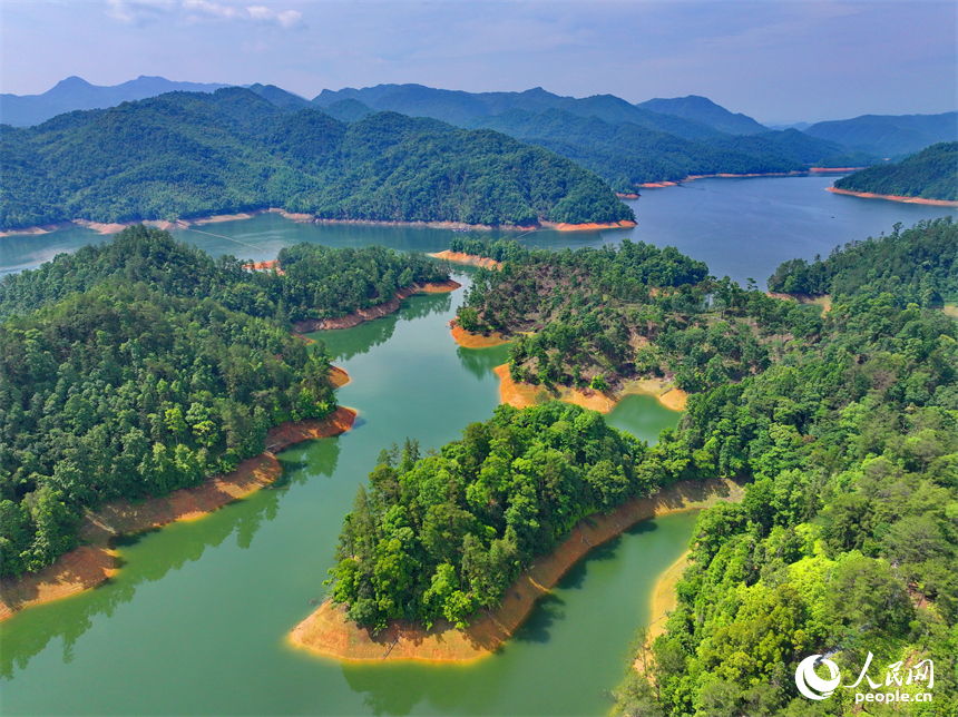 赣州市崇义县阳明湖国家湿地公园内的赣南树木园，林木葱郁，水源充沛，风光旖旎。人民网 朱海鹏摄