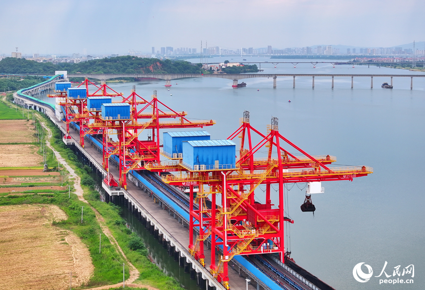 豐城港區尚庄貨運碼頭，橋吊起重機和傳輸帶將一船船電煤運往發電廠發電。人民網 朱海鵬攝