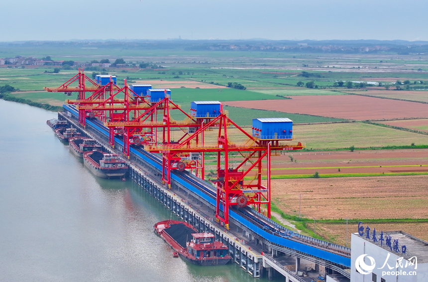 豐城港區尚庄貨運碼頭，橋吊起重機和傳輸帶將一船船電煤運往發電廠發電。人民網 朱海鵬攝