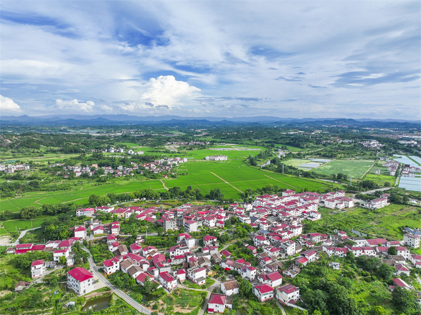 江西省撫州市南豐縣萊溪鄉九聯村，錯落有致的民居與田園、道路等交相輝映，構成一幅鄉村田園畫卷。 謝東攝