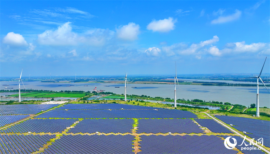九江市彭澤縣帽子山風光電站，連片的光伏發電板與風力發電機組相得益彰，源源不斷地輸送清潔能源。人民網 朱海鵬攝