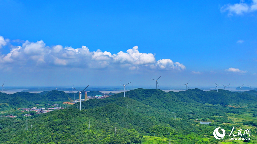 位于九江市彭泽县的中广核彭泽泉山风力发电项目风电场，风叶迎风旋转，转化成清洁电能输入电网。人民网 朱海鹏摄