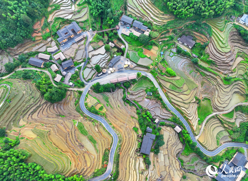 赣州市崇义县上堡乡上堡梯田，层层叠叠的梯田与漫山竹木、错落民居、蜿蜒公路相互映衬。人民网 朱海鹏摄