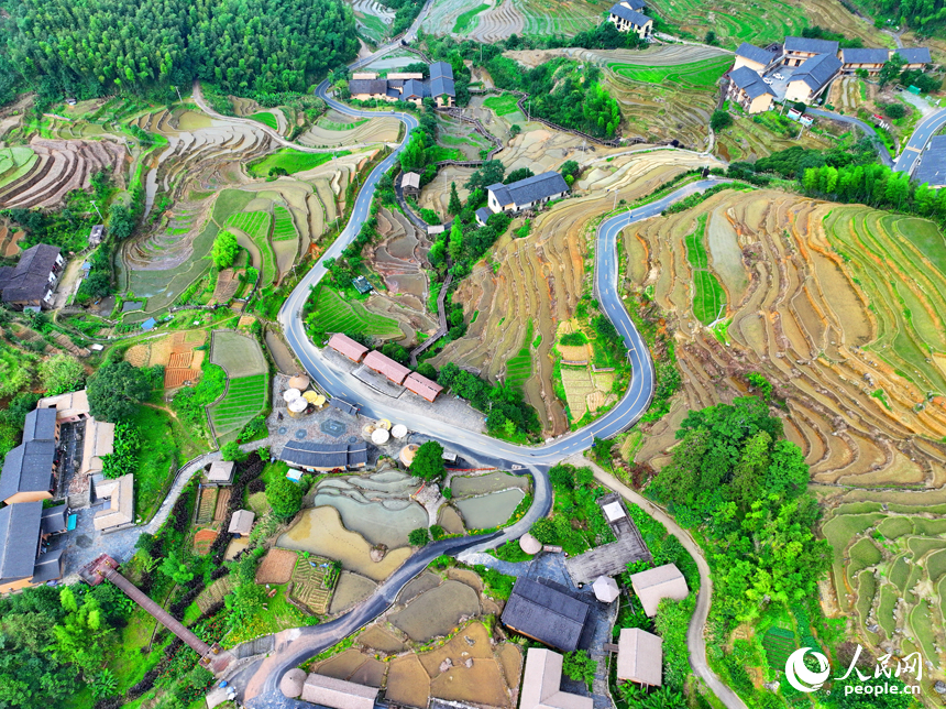 赣州市崇义县上堡乡上堡梯田，层层叠叠的梯田与漫山竹木、错落民居、蜿蜒公路相互映衬。人民网 朱海鹏摄