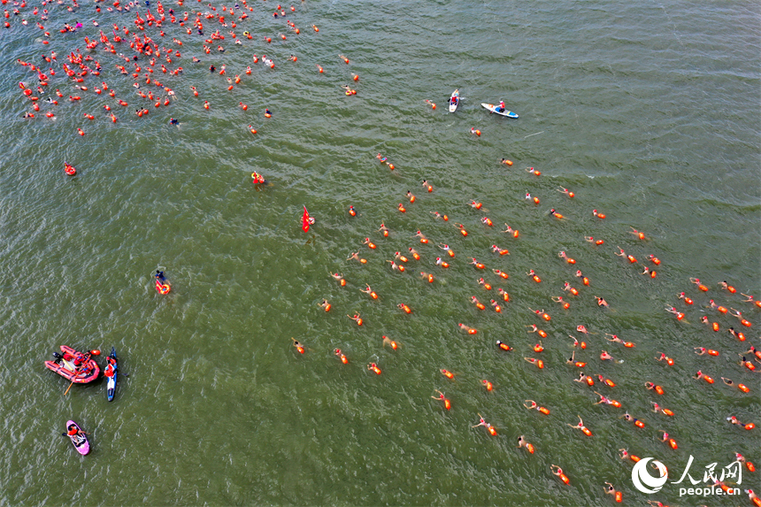 游泳爱好者在赣江中劈波斩浪，享受游泳运动的快乐。人民网记者 时雨摄