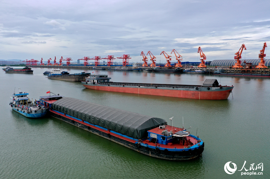 姚湾综合码头的水域上，装载货物的货船有序停泊等待靠港卸货。人民网记者 时雨摄