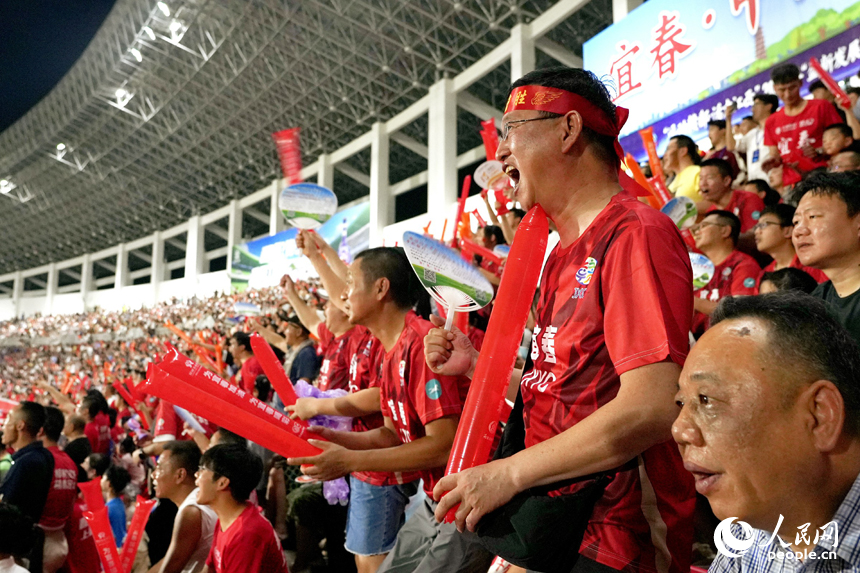 球迷在看台为球队加油助威。人民网 涂诗轩摄