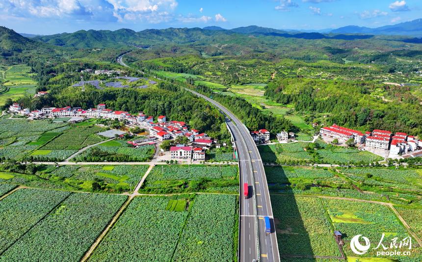 贛州市石城縣小鬆鎮許坊村，濟廣高速車輛穿行於層巒疊嶂的青山之間，初秋鄉村美景怡人。人民網 朱海鵬攝