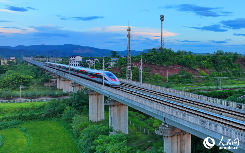 贛州市南康區龍嶺鎮，途經贛州西站的贛深高鐵列車往來疾馳。人民網 朱海鵬攝