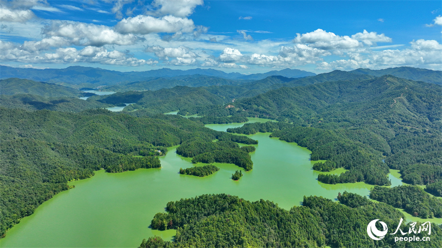 贛州市上猶縣陽明湖，山青水碧、樹木蔥蘢，與藍天白雲相映成畫。人民網 朱海鵬攝