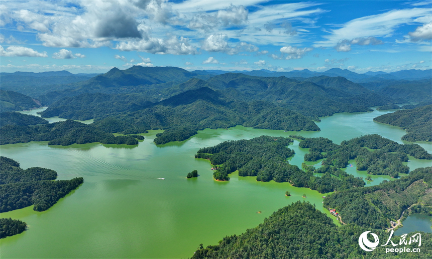 贛州市上猶縣陽明湖，山青水碧、樹木蔥蘢，與藍天白雲相映成畫。人民網 朱海鵬攝