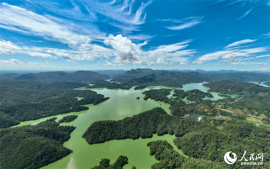 贛州市上猶縣陽明湖，山青水碧、樹木蔥蘢，與藍天白雲相映成畫。人民網 朱海鵬攝