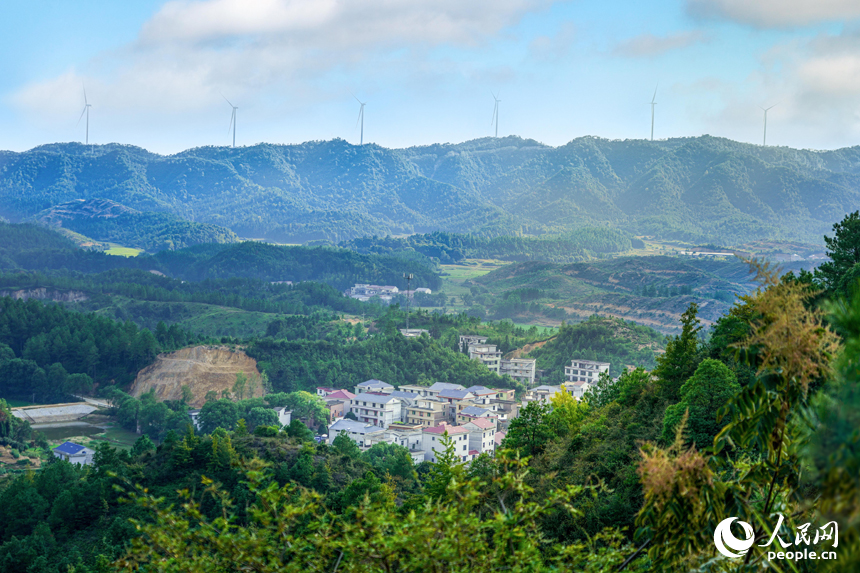 山脊上成片的風力發電機在青山綠樹間有序排布，與村落、山林構成和諧畫面。人民網 涂詩軒攝