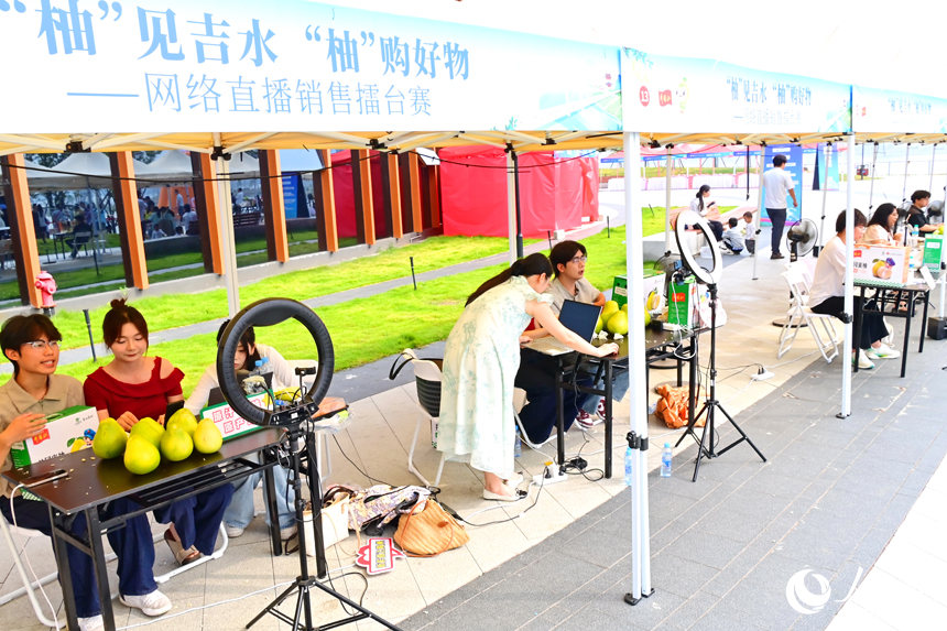 活动现场，参加网络直播销售擂台赛的主播们通过直播助力井冈蜜柚销售。人民网 朱海鹏摄
