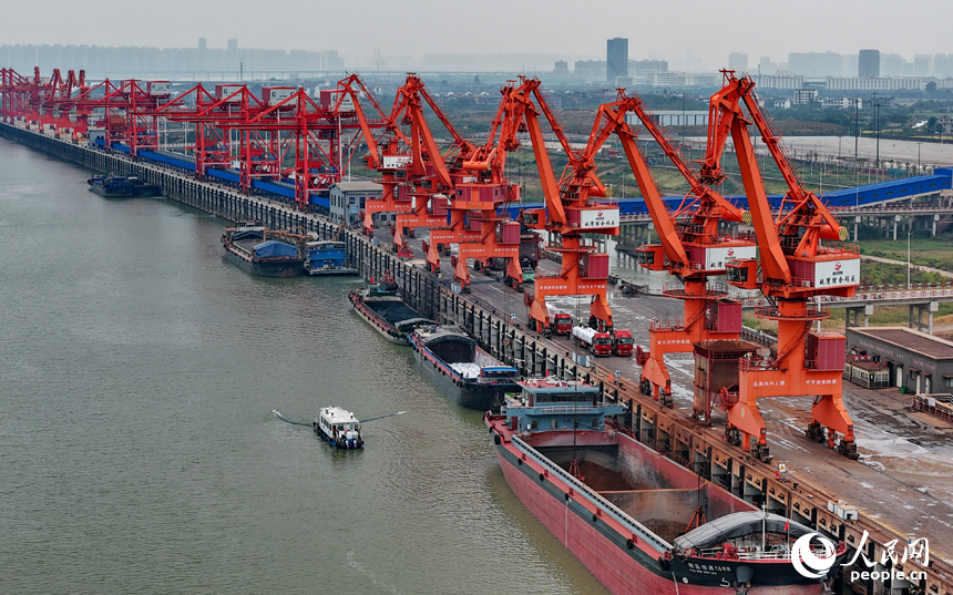 在姚湾综合码头，运输货物的车辆往来穿梭，起重机装卸作业有序进行。人民网 朱海鹏摄