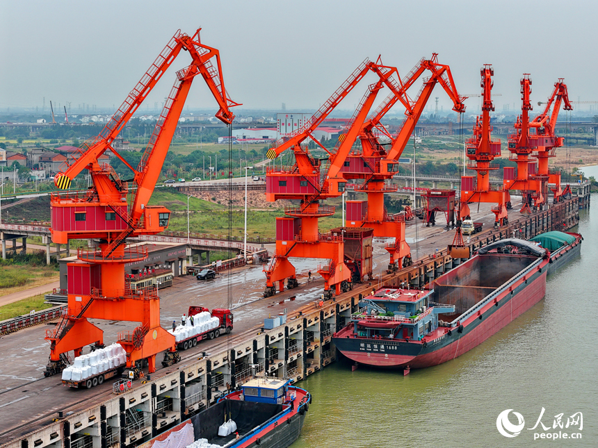 在姚湾综合码头，运输货物的车辆往来穿梭，起重机装卸作业有序进行。人民网 朱海鹏摄