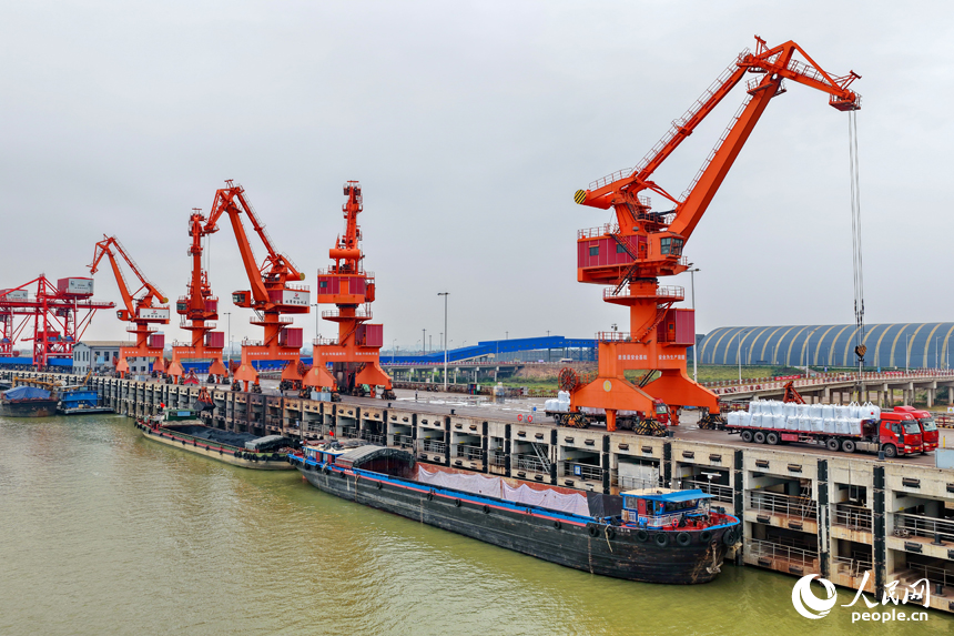 在姚湾综合码头，运输货物的车辆往来穿梭，起重机装卸作业有序进行。人民网 朱海鹏摄