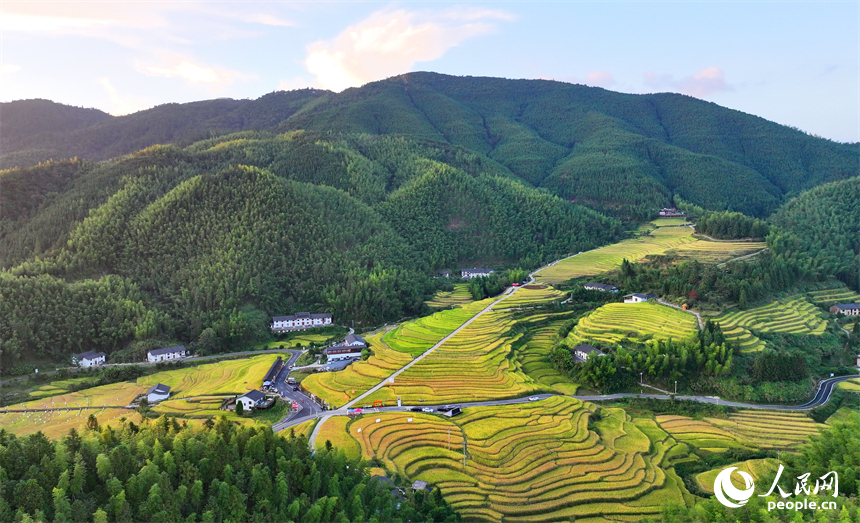 赣州市崇义县上堡乡，层层叠叠的梯田沿山体绵亘蜿蜒，与错落分布的农家房屋、旅游民宿相映成画。人民网 朱海鹏摄