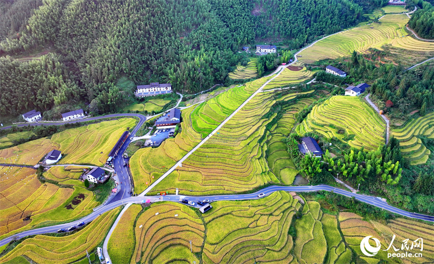 赣州市崇义县上堡乡，层层叠叠的梯田沿山体绵亘蜿蜒，与错落分布的农家房屋、旅游民宿相映成画。人民网 朱海鹏摄
