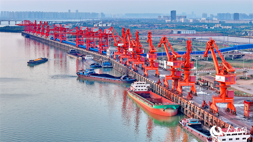 南昌市姚湾综合码头，起重机在装运电煤。人民网 朱海鹏摄