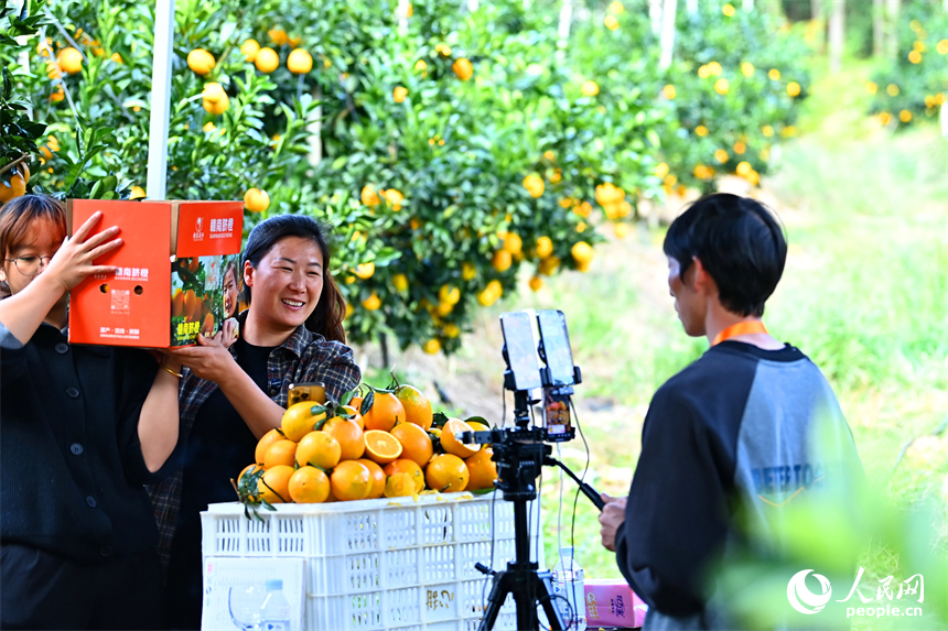 赣州市安远县新龙乡小孔田村，电商主播通过线上直播销售赣南脐橙。人民网记者 朱海鹏摄