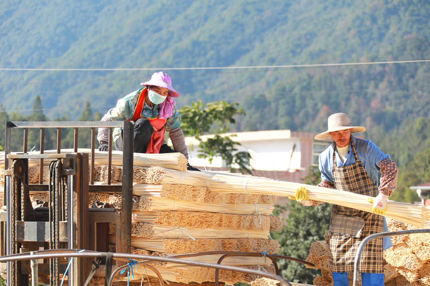 工人们正忙着搬运毛竹半成品。尹其奇摄
