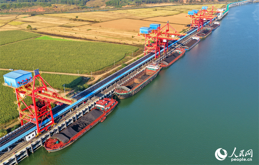 江西宜春港豐城港區尚庄貨運碼頭，橋吊起重機在裝卸煤炭，並通過履帶傳輸帶運往火力發電廠發電。人民網記者 朱海鵬攝