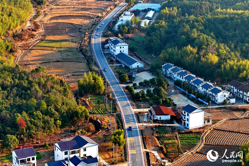 抚州市乐安县牛田镇的农村公路上，车辆往来穿行，冬日乡村美景怡人。人民网记者 朱海鹏摄