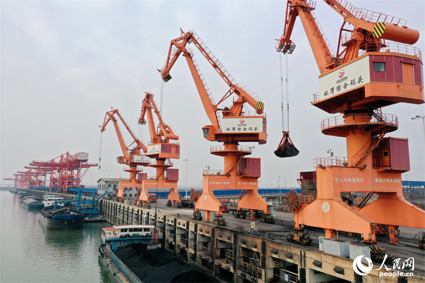 大型吊机正在卸载电煤，码头上的货车随即转运至各电厂。人民网记者 时雨摄