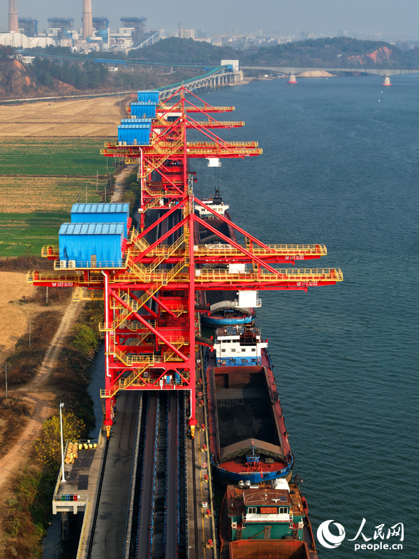 宜春港丰城港区尚庄货运码头，吊装设备加紧从货轮船舱卸运电煤，送往火力发电厂发电。人民网记者 朱海鹏摄