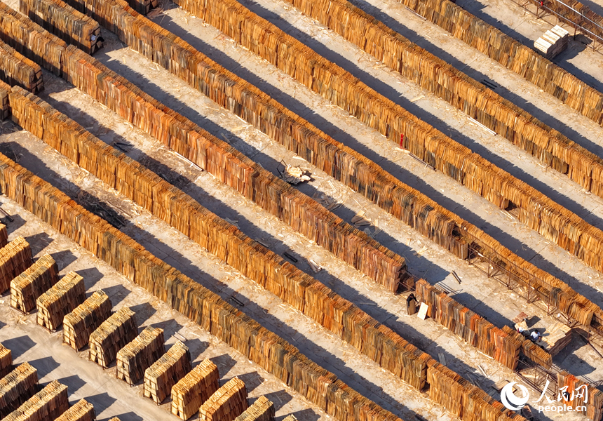 赣州市兴国县江背镇郑塘村的一处板材加工基地，村民利用晴好天气的有利时机在晾晒板皮。人民网记者 朱海鹏摄