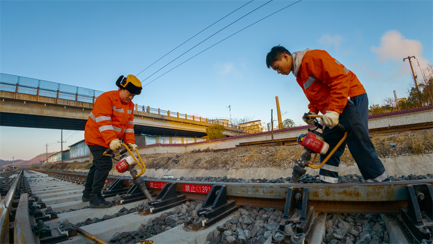 作業人員在道岔搗固作業。項梁攝