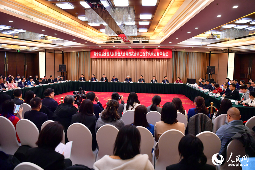 十四届全国人大四次会议江西代表团举行全体会议，并向境内外记者开放团组。人民网记者 时雨摄