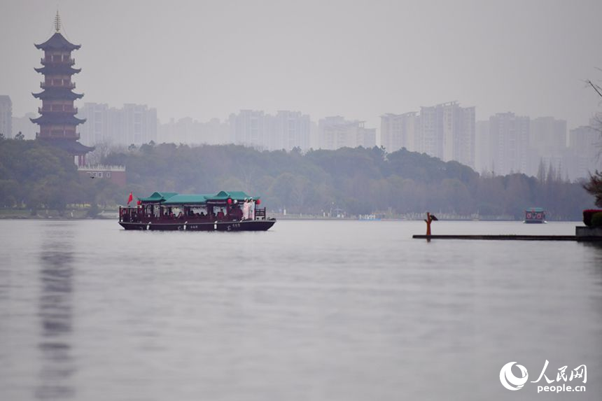 湖中游船与万寿塔同框。人民网记者 时雨摄
