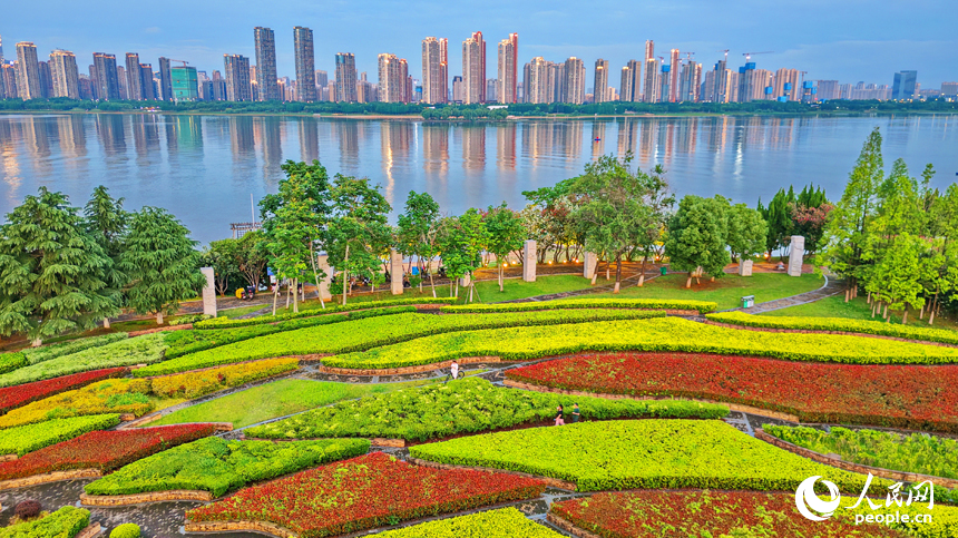 位於南昌市紅谷灘區紅角洲街道的贛江市民公園，江畔樹木繁茂、綠草如茵，吸引市民和游客前來休閑游玩。人民網記者 朱海鵬攝