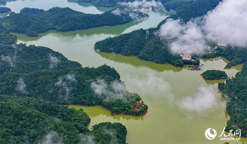 赣州市上犹县上犹江水库，烟波浩渺、云蒸雾蔚，林木葱翠的群山与蜿蜒水系相映成趣。人民网记者 朱海鹏摄