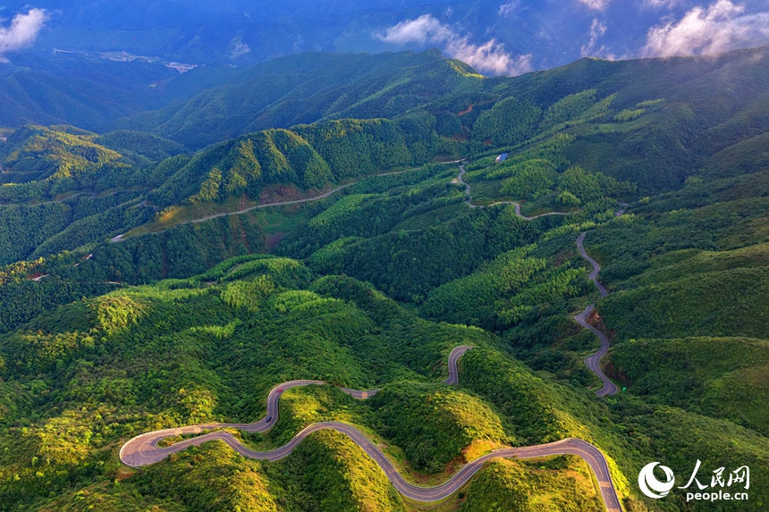 車輛行駛在上猶縣雙溪鄉草山的盤山公路上，蜿蜒的“四好農村路”穿行翠綠山間，將村庄和產業基地串聯互通。人民網記者 朱海鵬攝