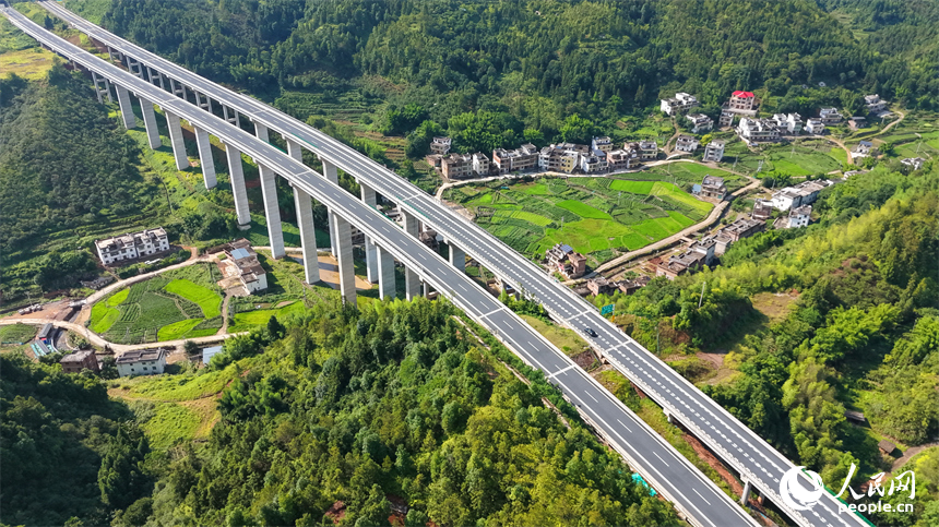 遂大高速公路江西省赣州市上犹县梅水乡园村大桥段，车辆往来驰骋，与村庄民居、群山绿树相映成景。人民网记者 朱海鹏摄