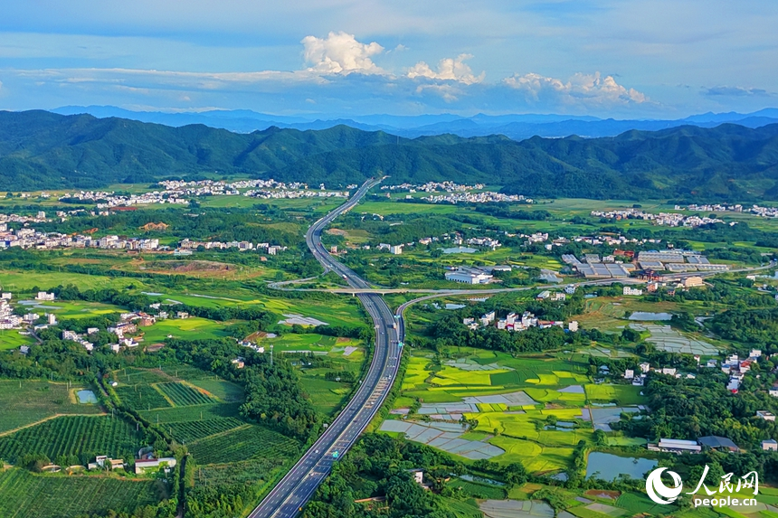 信豐縣西牛鎮上彭村，穿村而過的南龍高速公路與鱗次櫛比的房屋、綠意盎然的田園相互映襯，構成一幅盛夏時節路暢景美的鄉村畫卷。人民網記者 朱海鵬