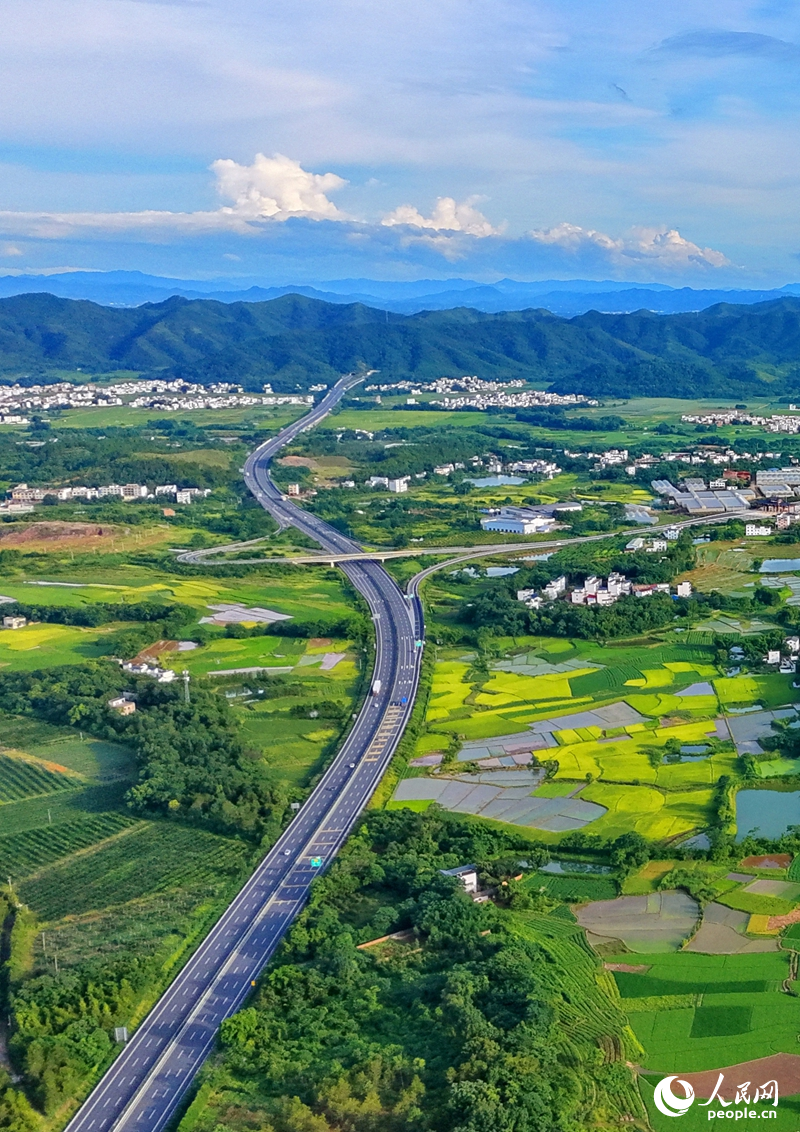 信丰县西牛镇上彭村，穿村而过的南龙高速公路与鳞次栉比的房屋、绿意盎然的田园相互映衬，构成一幅盛夏时节路畅景美的乡村画卷。人民网记者 朱海鹏
