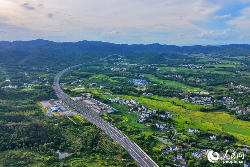 信丰县西牛镇上彭村，穿村而过的南龙高速公路与鳞次栉比的房屋、绿意盎然的田园相互映衬，构成一幅盛夏时节路畅景美的乡村画卷。人民网记者 朱海鹏